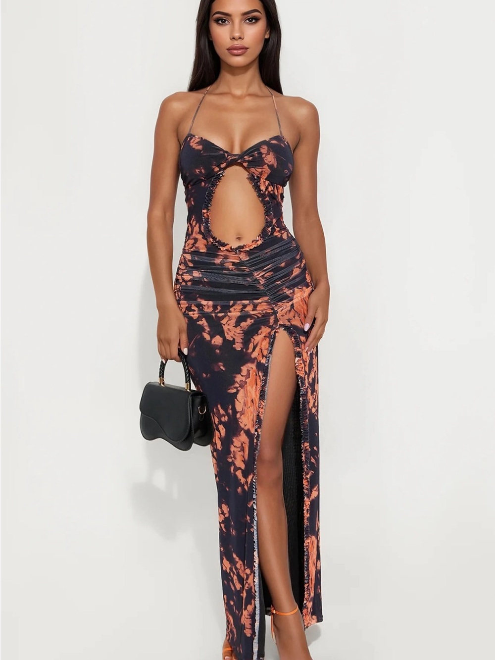 Fashion Nova Black & Orange Tie-Dye Cutout Halter Maxi Dress